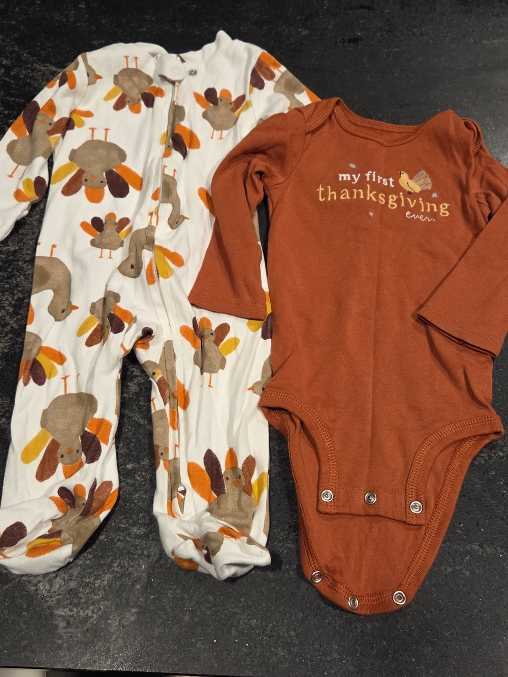 My First Thanksgiving Orange Baby Bodysuit & Turkey Print One-Piece Set.